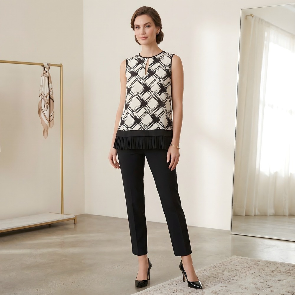 Raoul Silk Blouse Sleeveless Black‎ Ivory Abstract Pleated Hem US 6